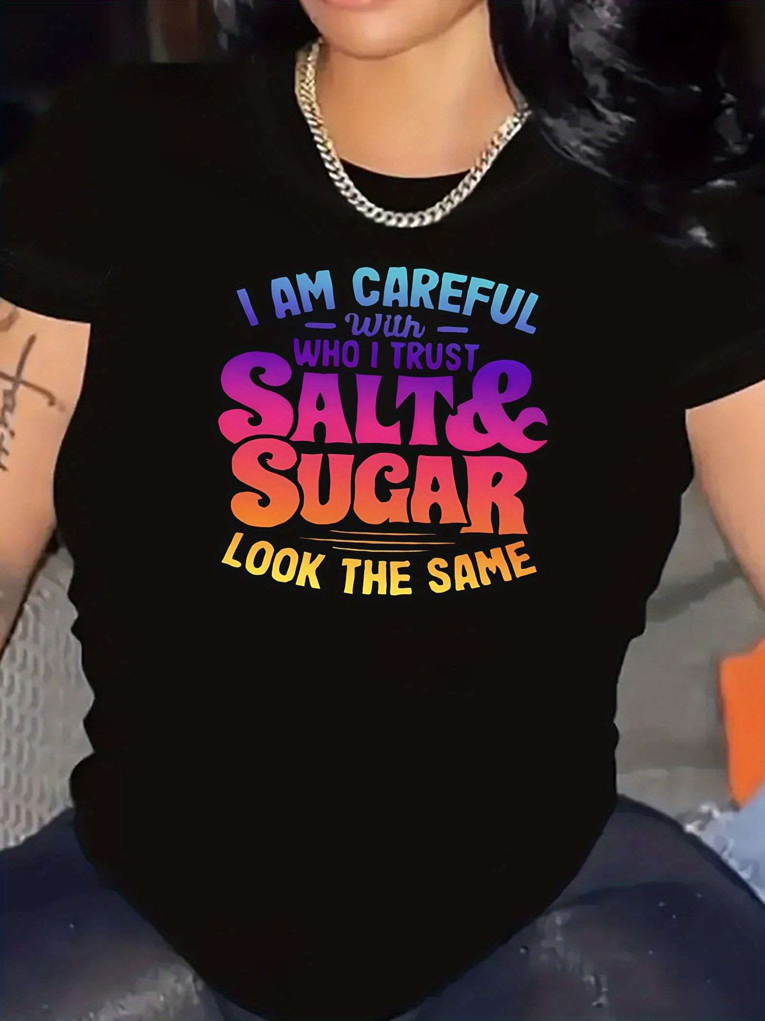 Women's Casual T-Shirt With Colorful Lettering "Salt And Sugar" Graphic, Round Neck, Short Sleeve, Sporty Top